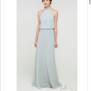 Tulle and Chantilly High neck elegant chiffon dress in light sky